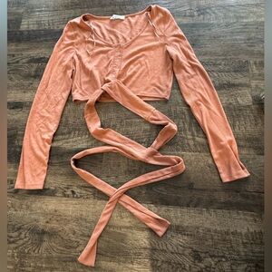 One Tree Ribbed Wrap Crop Top Peach Tie Waist